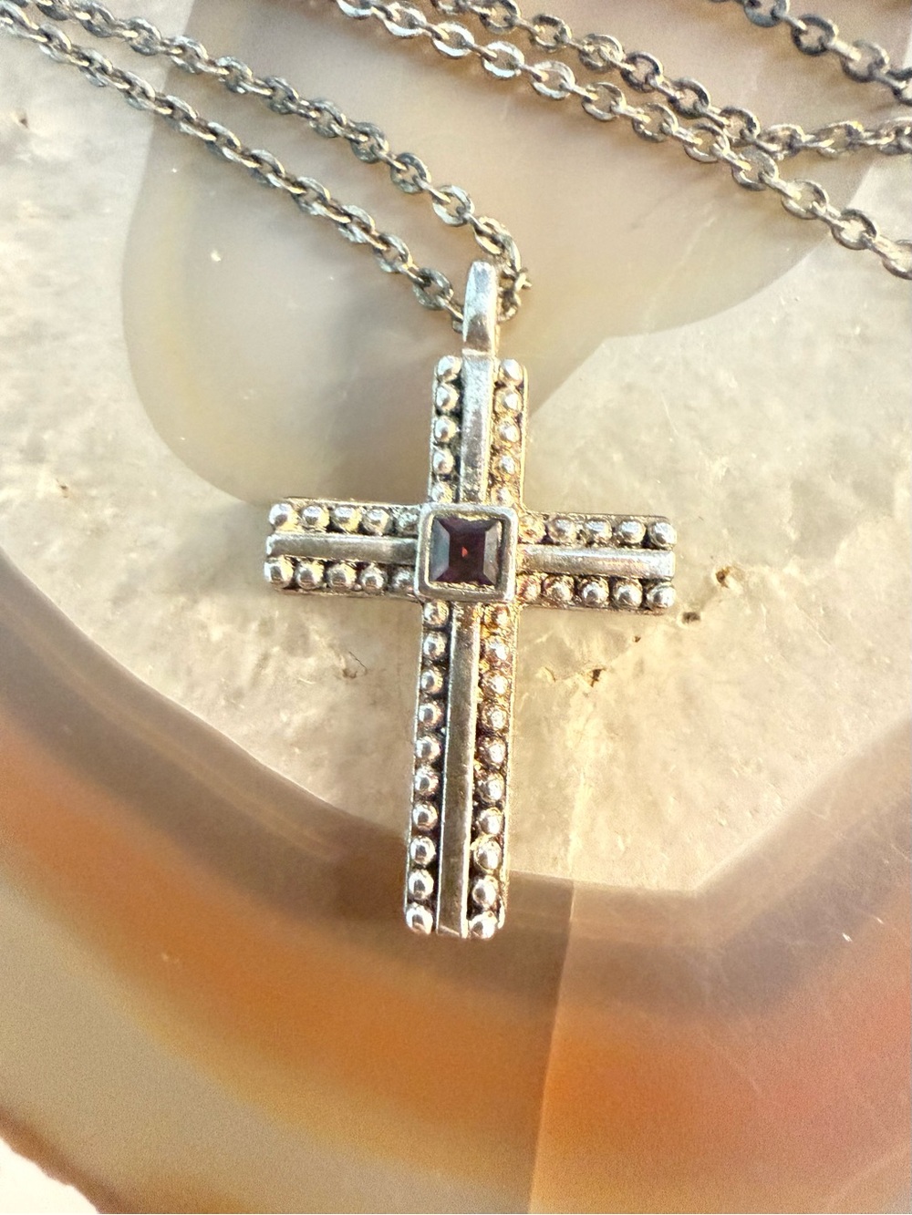Vintage Napier Silver Cross Pendant Necklace w Garnet Accent Guc  18” + 3” ext